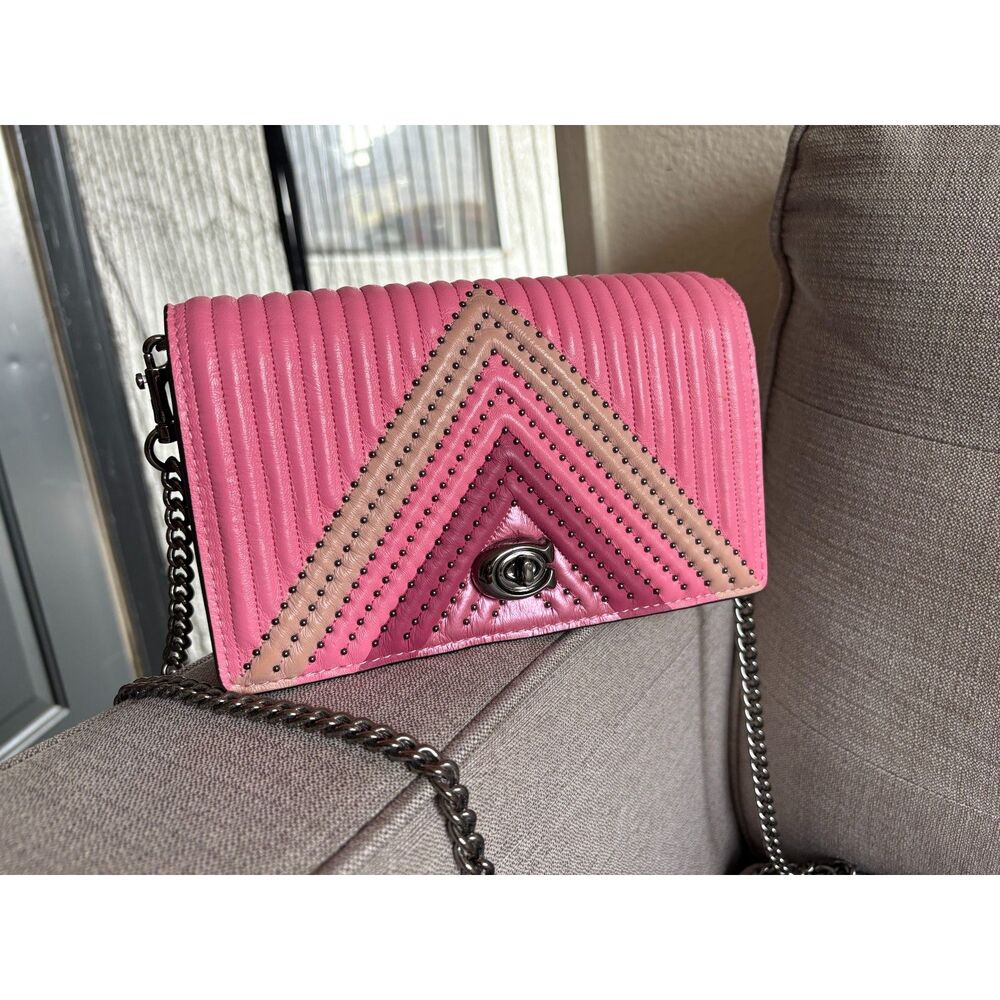 Coach Callie Pink Foldover Chain Clutch W/Colorblock Quilting & Rivets Crossbody